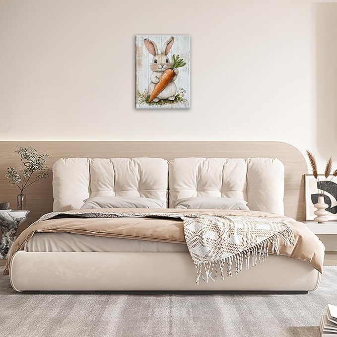 Rabbit Wall Art, Easter Bunny Pictures Wall Decor, Farmhouse Rabbit Carrot Canvas Prints, Rustic Cute Animal Painting Framed Artwork for Bathroom Living Room Bedroom Office Dining Room 24"X20"