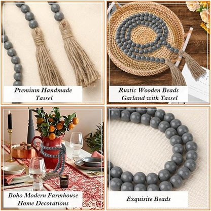 Wood Bead Garland 58 Inch Grey Wooden Beads for Boho Farmhouse Table Home Decor with Tassel, Wooden Prayer Bead, Rustic Country Boho Wall Hanging Decor for Kitchen Modern Living Room Tray Vase Shelf