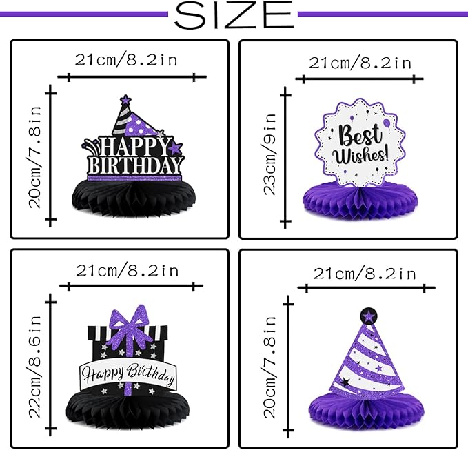 Happy 65th Birthday Decorations,65th Bday Purple Glitter Shiny Stand Honeycomb Table Centerpieces - Cheers to 65 Years Old Birthday Party Photoprop Gift Sign.