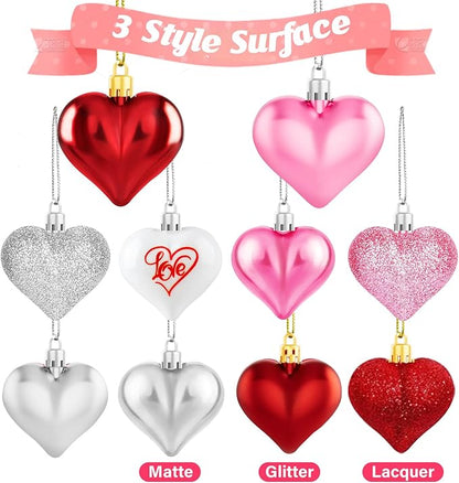 36Pcs Valentines Day Decor Heart Ornaments Classic Red Pink Silver Valentines Decorations Heart Shaped Baubles Hanging Ornaments for Valentine’s Day Christmas Tree Wedding Anniversary Party