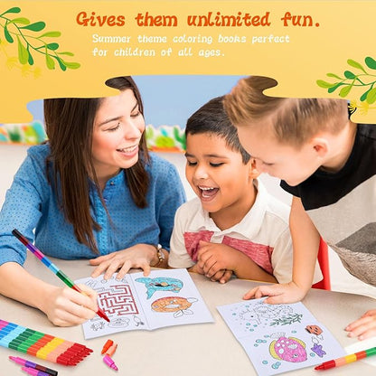 BenLouis 24 Summer Mini Coloring Books Kids with 24 Stacking Crayons Beach Pool Party Favors Activity Books Bulk for Kids Summer Birthday Goodie Bag Gift Stuffer Classroom Reward