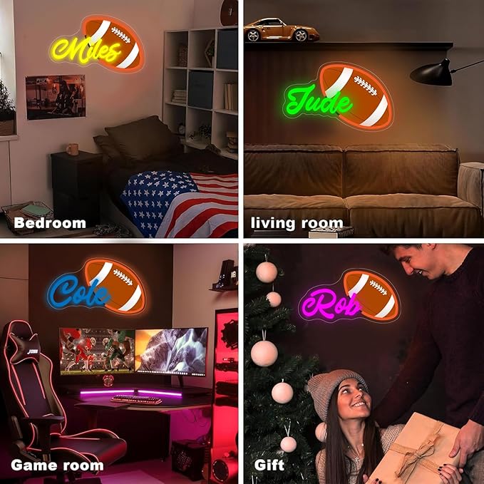 Custom Name Neon Sign, Personalized Neon Light with Rugby Pattern, Customizable Sports Led Light Up Signs for Player Presents Kids Bedrooms Birthday Party Presents Bar Man Cave Club Wall Decor