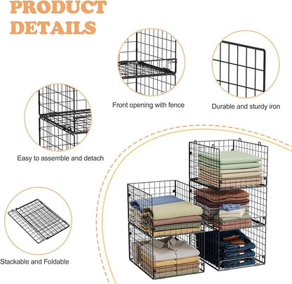 5-Tier Stackable Closet Storage Baskets, Closet Organizers and Storage Shelves, Foldable & Stackable Clothes Storage Bins for Closet Organizer System, Closet Shelf Organizer for Home,Black