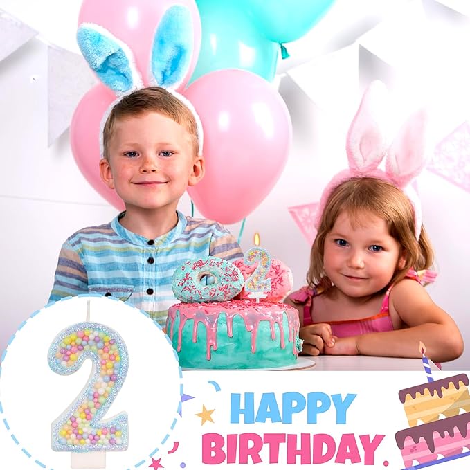 Birthday Candles - Number 2 Candle, Colorful Macaron Candles for Boys/Girls, Blue Cake Decorations, Cartoon Theme Party Supplies
