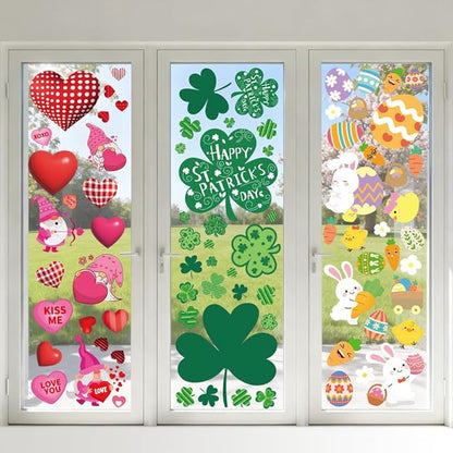 Valentines Day Window Clings for Valentines Decorations, Reusable Static Shamrock Window Clings for St Patricks Day Decorations, Easter Decor for Home, Bathroom and Office
