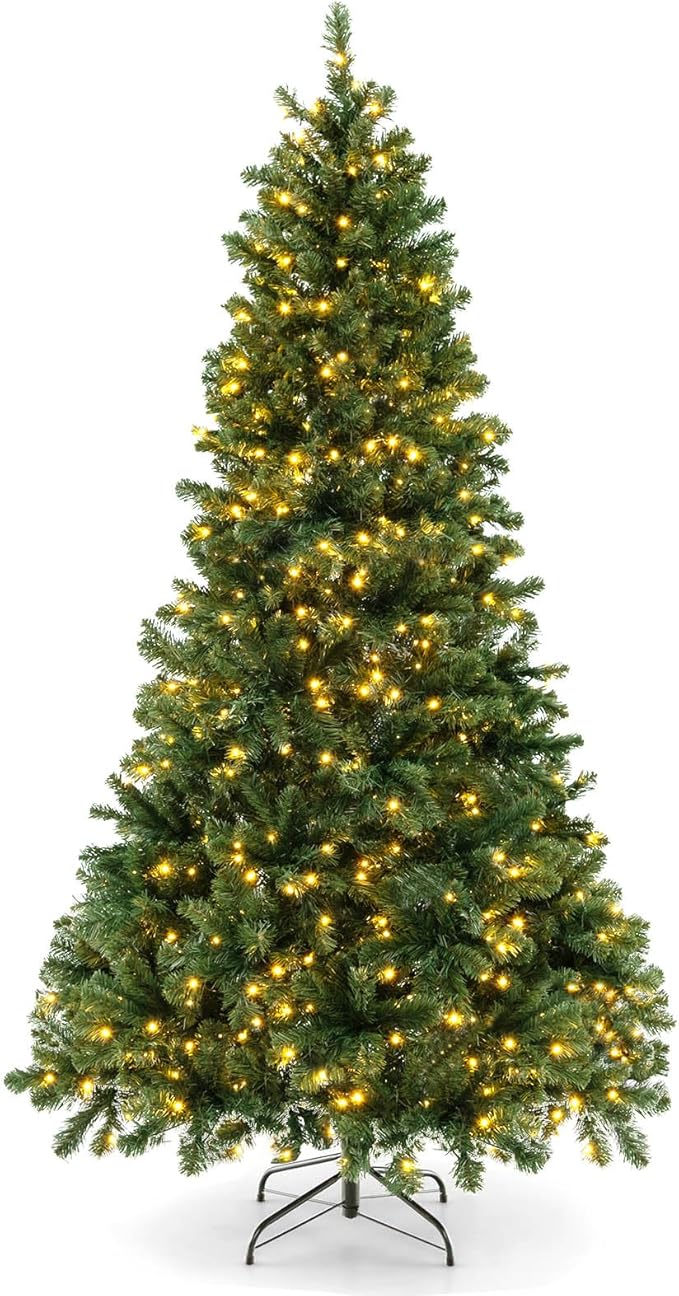 GOLFAME 7FT Pre-Lit Artificial Christmas Tree, Decorative Hinged Xmas Tree with 700 LED Lights, 1188 Branch Tips, Upgraded Metal Stand, Christmas Holiday Tree for Home Office Party