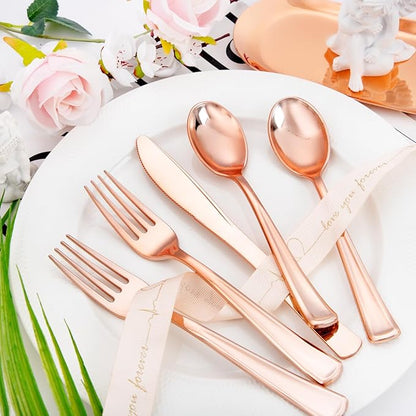 Liacere 100Pack Rose Gold Plastic Silverware - Pre Rolled Napkins with Rose Gold Cutlery - Wrapped Silverware Set Disposable100 Forks Knives Spoons Wrapped Utensils for Wedding＆Valentine's Day