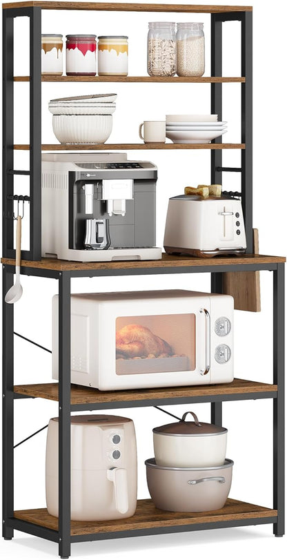 VASAGLE Coffee Bar, 23.6 Inches Baker's Rack for Kitchen with Storage, 6-Tier Kitchen Shelves with 6 Hooks, Microwave Stand, Industrial, Rustic Brown and Ink Black UKKS024B01