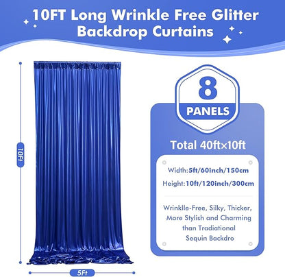 40x10ft Shimmer Royal Blue Sequin Backdrop Curtain for Parties, Thick Wrinkle Free Glitter Blue Photo Backdrop Drapes Curtains for Birthday Wedding Photography Background-8 Panels 5x10ft