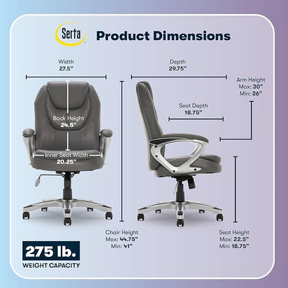 Serta Amplify Executive Office Chair with Faux Leather and Mesh, Adjustable Ergonomic Comfy Seat with Lumbar Support, Modern Computer DeskChairs, Swivel Rolling Wheels, Duo Gray