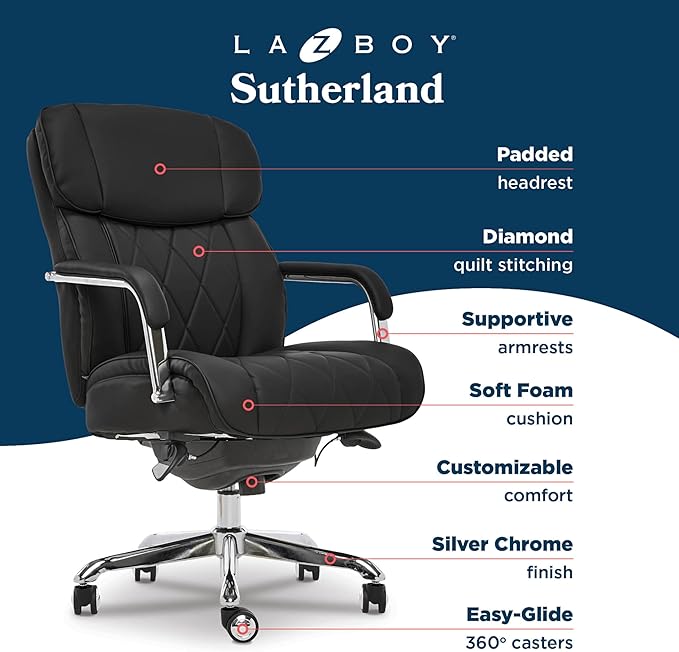 La-Z-Boy Sutherland Ergonomic Faux Leather Swivel Computer and Desk Chair, Black (CHR10048A)