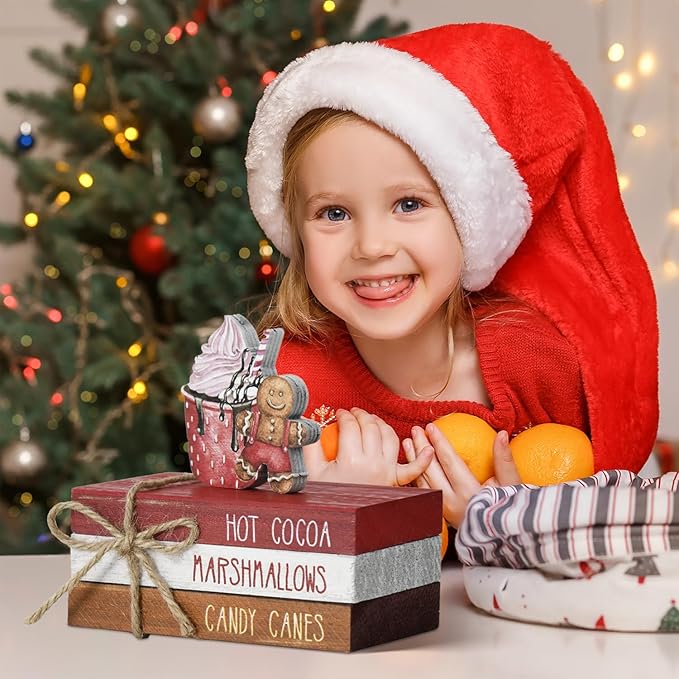 Smile Christmas Wooden Books Stack, Hot Cocoa Marshmallows Candy Canes Faux Books Bundle, Cute Gingerbread Man Cupcake Tiered Tray Decorations, for Home Table Mantle Shelf.