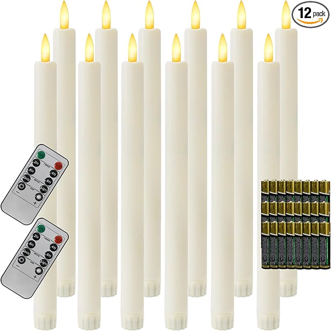 12PCS Flameless Taper Candles with 3D Flickering Flame Battery Operated Candles with 2 Remote with Button Cell Battery 10" Ivory LED Candlesticks Window Candle for Christmas Home Decor