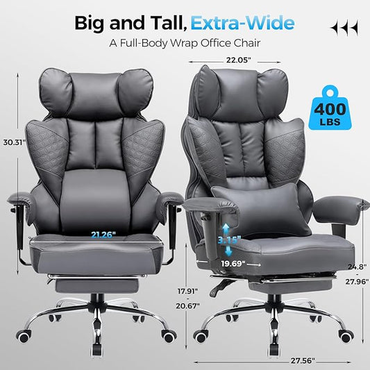 COMHOMA Big and Tall Office Chair Heavy Duty Wide Ergonomic Gaming Chair with Deluxe Embossing Designed Leather with Foot Rest,150°Reclining Adjustable Armrests Pocket Spring Back Support and Pillow