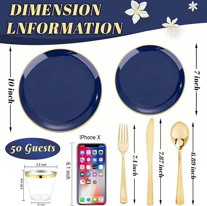 WDF 300PCS Navy Blue Plates Disposable - Blue Plastic Plates 50guest Heavy Duty Plastic Dinnerware Sets for Hanukkah/Party/Wedding/Birthday