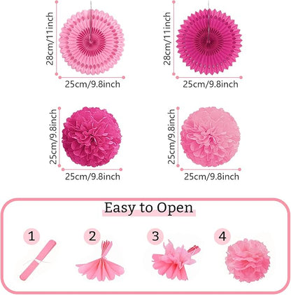 Party Decorations, Pink Papar Fans Pompoms Garlands for Women Girls Mothers Day Bachelorette Wedding Birthday Baby Showers Valentine's Day Party Decorations