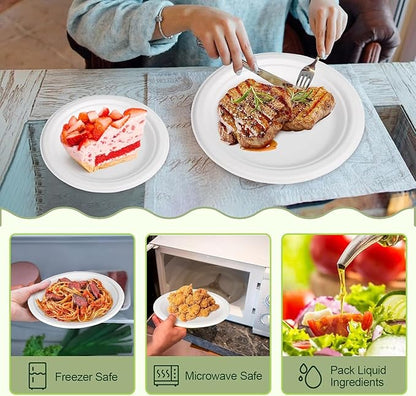 Disposable Paper Plates Set, 7-inch, 9-inch Eco friendly Heavy Duty Plates and Napkins Party Supplies, Compostable Dessert Dinner Paper Plate White, For 100 Guests