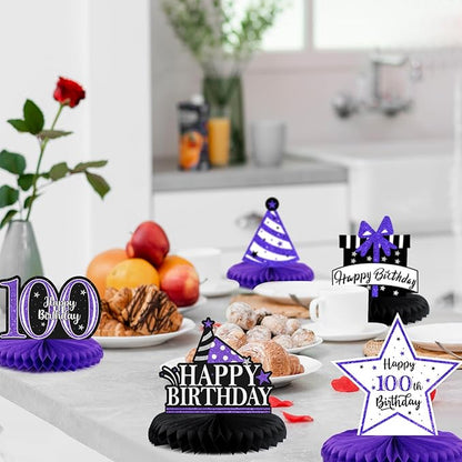 Happy 100th Birthday Decorations,100th Bday Purple Glitter Shiny Stand Honeycomb Table Centerpieces - Cheers to 100 Years Old Birthday Party Photoprop Gift Sign.