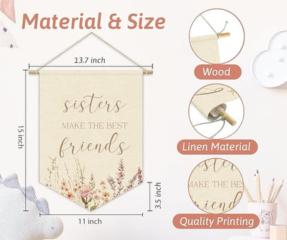 Girls Room Decor, Sisters Make the Best Friends Linen Canvas Banner, Wildflower Nursery Wall Hanging Pennant Flag Banner for Girls Kids Toddler Room Bedroom Dorm Decor, 15x11in