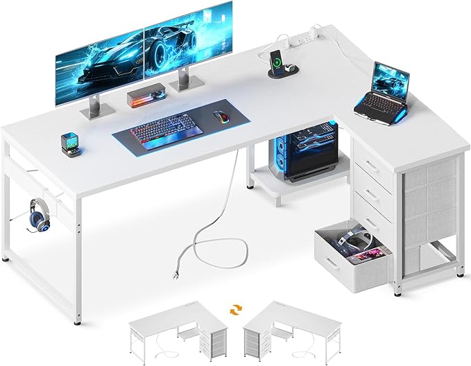 AODK L Shaped Gaming Desk with 4 Drawers, 61" Reversible Home Office Desks with Power Outlets, L Shaped Computer Desk with USB Charging Port and Host Stand, Corner Desk, Easy to Assemble, White