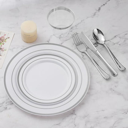 BESTVIP 300PCS Plastic Dinnerware Set (50 Guests), Silver Disposable Plates for Party, Wedding, Christmas, Anniversary, Includes: Dinner Plates, Dessert Plates, Cups, Spoons, Forks and Knives