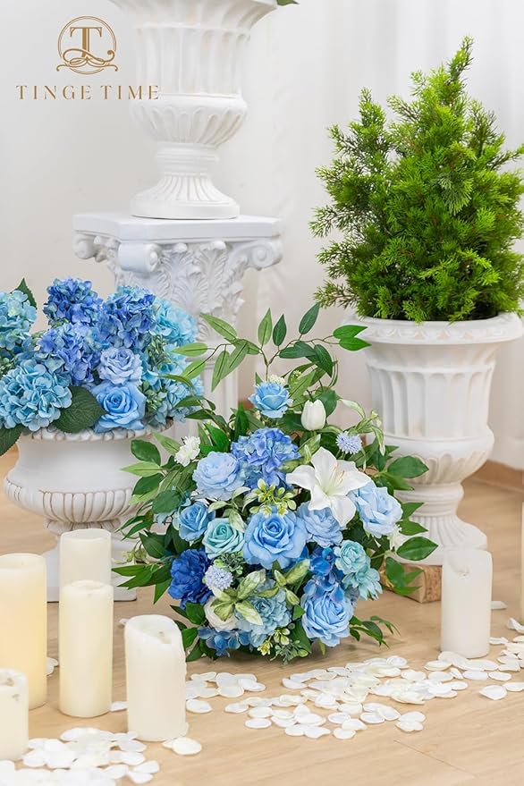 TINGE TIME Free-Standing Artificial Flower Set of 2, Table Centerpiece with Rubber Pad, Silk Fake Flower for Wedding Centerpiece Archway Aisle Welcome Entrance (Provence Blue)