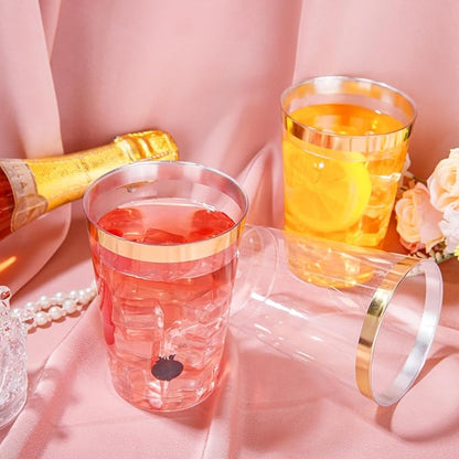 I00000 50 Pack 12 oz Gold Plastic Cups, Gold Rimmed Disposable Cups, Disposable Plastic Wine Glasses Cocktail Glasses Heavy Duty Cup with Golden Rim, 12 Ounce Tumblers for Party & Wedding