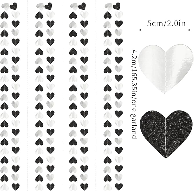Black White-Silver Party-Decoration Heart Garland - 52ft 21st Men Birthday New Years Eve Hanging Backdrop Streamers,Graduation Engagement Wedding Bachelorette Banner Supplies Decor Lasting Surprise