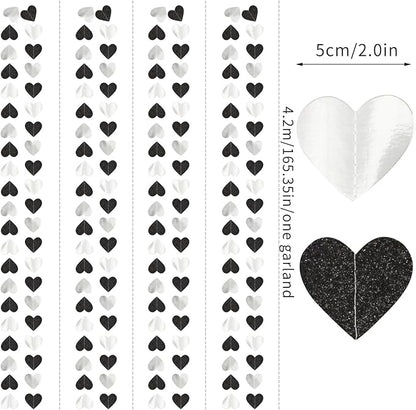 Black White-Silver Party-Decoration Heart Garland - 52ft 21st Men Birthday New Years Eve Hanging Backdrop Streamers,Graduation Engagement Wedding Bachelorette Banner Supplies Decor Lasting Surprise