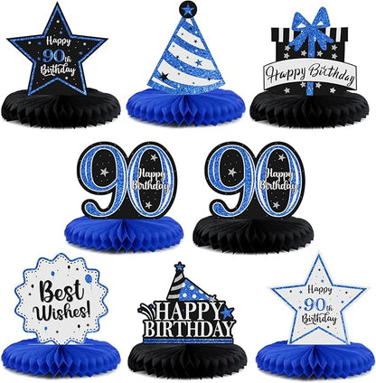 Happy 90th Birthday Decorations,90th Bday Blue Glitter Shiny Stand Honeycomb Table Centerpieces - Cheers to Ninety Years Old Birthday Party Photoprop Gift Sign.