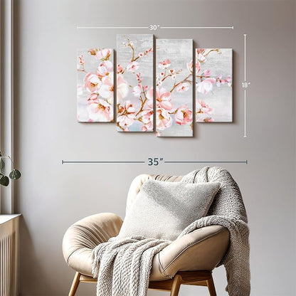 Elephant Stock Spring Cherry Blossoms Wall Art - Horizontal Canvas - 4-Piece Living Room Wall Decor - Painting Floral and Botanical Canvas Print - Pink and Brown Decor for Wall by Eva Watts - 30" X 18"
