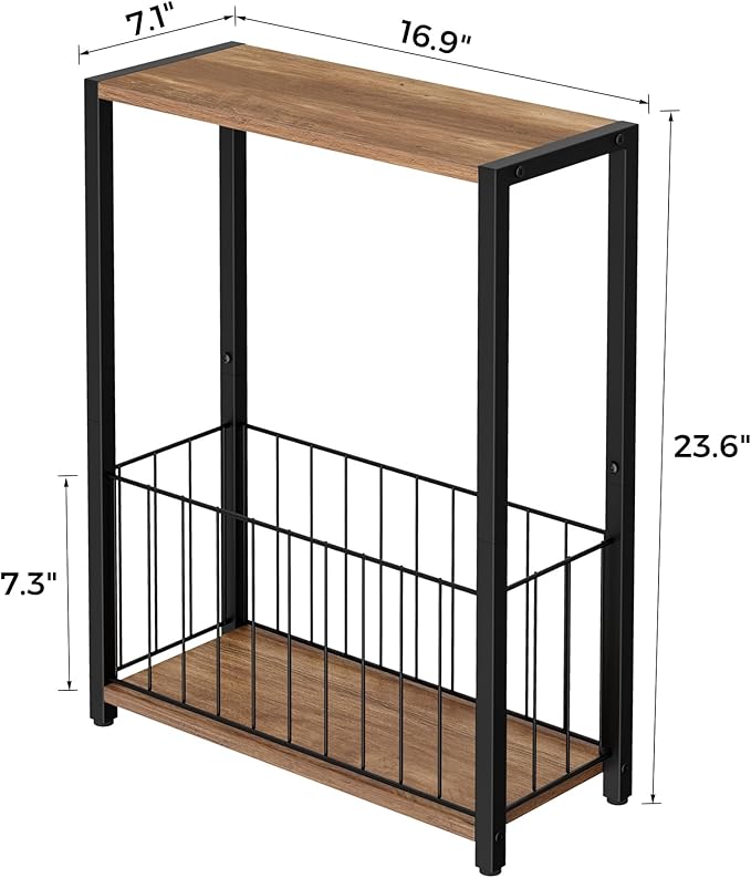 Narrow Side Table with Magazine Holder, Skinny End Table Perfect for Small Spaces, Space-Saving Design for Living Room, Bedroom, or Office, 7.1" D x 16.9" W x 23.6" H, Rustic Walnut
