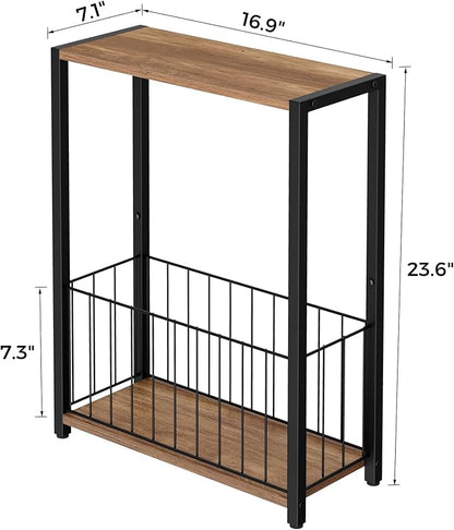 Narrow Side Table with Magazine Holder, Skinny End Table Perfect for Small Spaces, Space-Saving Design for Living Room, Bedroom, or Office, 7.1" D x 16.9" W x 23.6" H, Rustic Walnut
