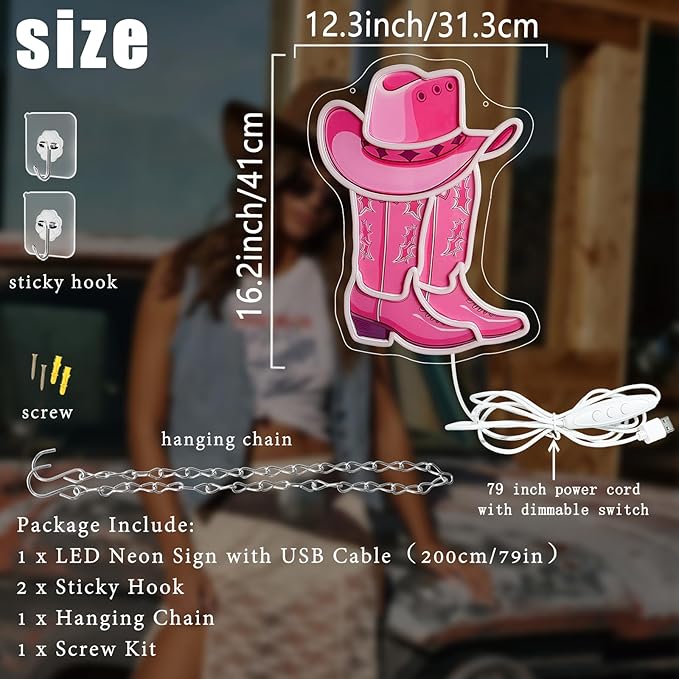 Cowboy Boot Neon Sign Cowboy Hat Neon Light 16.2”x12.3” Pink Cowgirl LED Sign for Wall Decor Dimmable Western Cowgirl Light Up Signs for Bedroom Game Room Presents for Birthday Party Rodeo Enthusiast