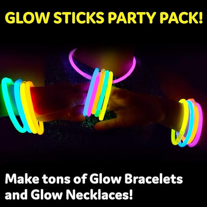 PartySticks Ultra Bright Glow Sticks Bulk Party Supplies 300 Pack - 8" Glow in the Dark Light Up Halloween Party Favors, Glow Decorations, Neon Party Necklaces and Bracelets with Connectors