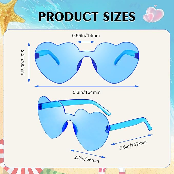 SUNOVELTIES 18 Heart Shape Rimless Sunglasses Transparent Candy Color Party Glasses Colored Eyewear for Women