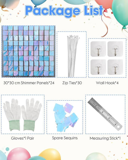Iridescent Blue Shimmer Wall Backdrop 24 Panels Cover 6 x 4 Ft, Photo Backdrops for Wedding,Anniversary,Birthday,Party Decoration