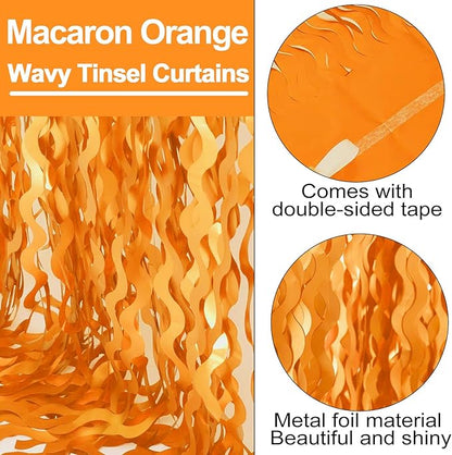 4 Pack Macaron Orange Fringe Curtain Backdrop 3.2Ft x 8.2Ft Metallic Tinsel Foil Fringe Streamers Background for Photo Booth Mother's Day, Easter, Carnival, Birthday, Wedding Party Decoration