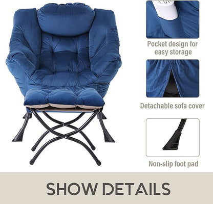 LITA Lazy Chair with Ottoman, Modern Accent Leisure Upholstered Sofa Chair, Contemporary Lounge Reading Chairs with Armrests and a Side Pocket for Living Room, Bedroom & Small Space, Royal Blue