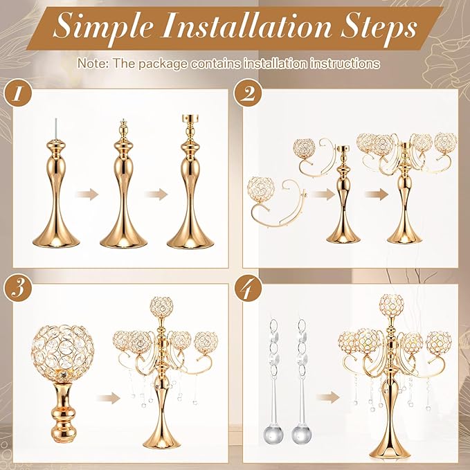 Dandat 8 Pcs 25.6'' 5 Arm Candelabra Candle Holder Centerpieces for Table Gold Crystal Candlestick Holders Tall Candle Stand for Wedding Dinner Halloween Christmas Party Decoration