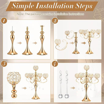 Dandat 8 Pcs 25.6'' 5 Arm Candelabra Candle Holder Centerpieces for Table Gold Crystal Candlestick Holders Tall Candle Stand for Wedding Dinner Halloween Christmas Party Decoration