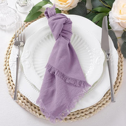 12 Pack Purple Cotton Linen Napkins with Fringe Christmas Cloth Napkins Set of 12 Boho Handmade Holiday Napkins Bulk for Wedding Bridal Baby Shower Xmas Dinner Table Parties, 17 x 17 Inches