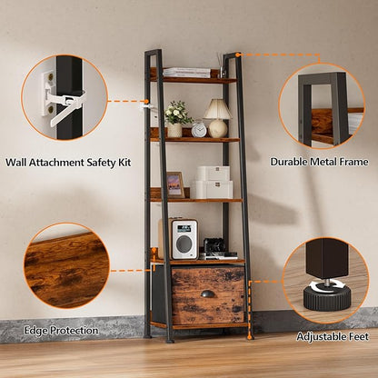 Furologee 5-Tier Ladder Shelf, Ladder Bookshelf with Removable Drawer, Rustic Bookcase Storage Rack Organizer, Wood Metal Freestanding Storage Shelf for Living Room, Home Office, Bedroom, Balcony