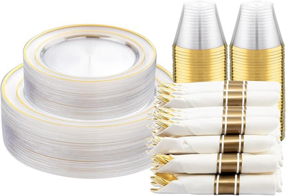 DaYammi 210PCS Clear Gold Plastic Dinnerware Set Christmas Plates Disposable Fancy Platos for Party Include: 30 Dinner Plates, 30 Dessert Plates, 30 Pre Rolled Napkins with Gold Silverware, 30 Cups