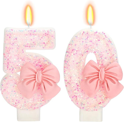 50th Birthday Candles for Cake, Pink Bow Number Cake Candles, 2.76 inch Number Happy Birthday Candle, Cake Topper Decoration for Birthday Party (Number 50)