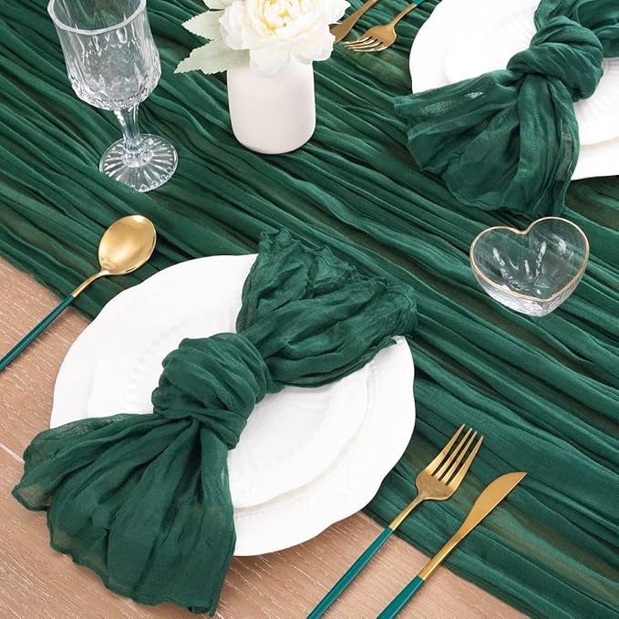 MLMC Emerald Green Table Runner Boho Dark Green Christmas Cheesecloth Table Runner 10ft Sheer Gauze Cheese Cloth Decorations for Wedding Bridal Shower Home Party Decor