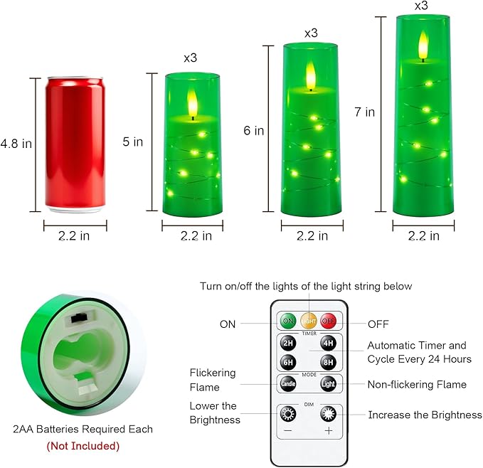 Raycare Flameless Candle with Remote Timer – 9 Flickering Acrylic Battery Operated LED Pillar Candles with Embedded Star String for Christmas, Home Decor, and as a Gift(Green)
