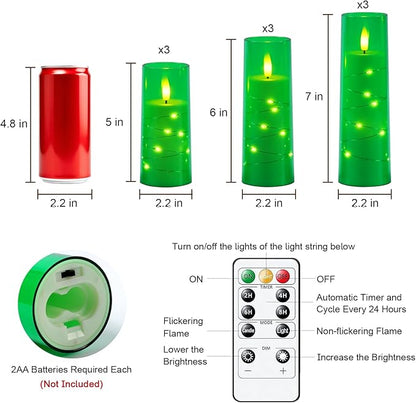 Raycare Flameless Candle with Remote Timer – 9 Flickering Acrylic Battery Operated LED Pillar Candles with Embedded Star String for Christmas, Home Decor, and as a Gift(Green)