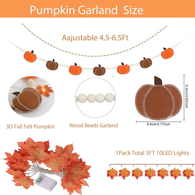 2 Pcs Fall Decorations for Home Felt Pumpkin & Wood Bead Garlands with Maple Leaf Lights for Mantel Ideal for Fall Thanksgiving Halloween and Holiday Decor