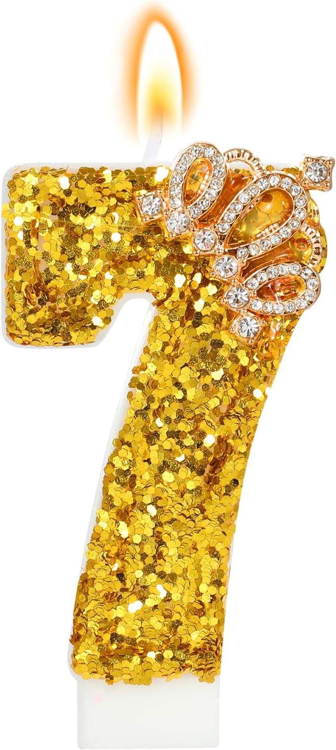 Gold Birthday Candle Crown Number 7 Candle with Sequins Cake Candles Cupcake Decorations Party Decor for Anniversary Celebrations Supplies